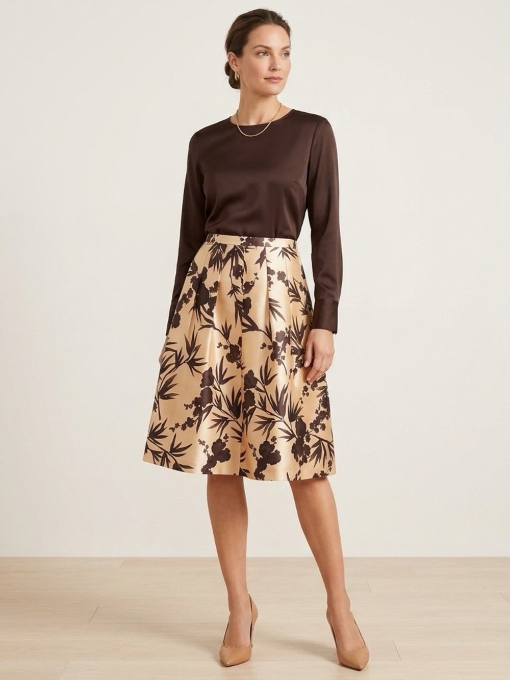 Talbot’s EUC Elegant Floral A-Line Skirt in Beige and Brown Silk Blend Size 6